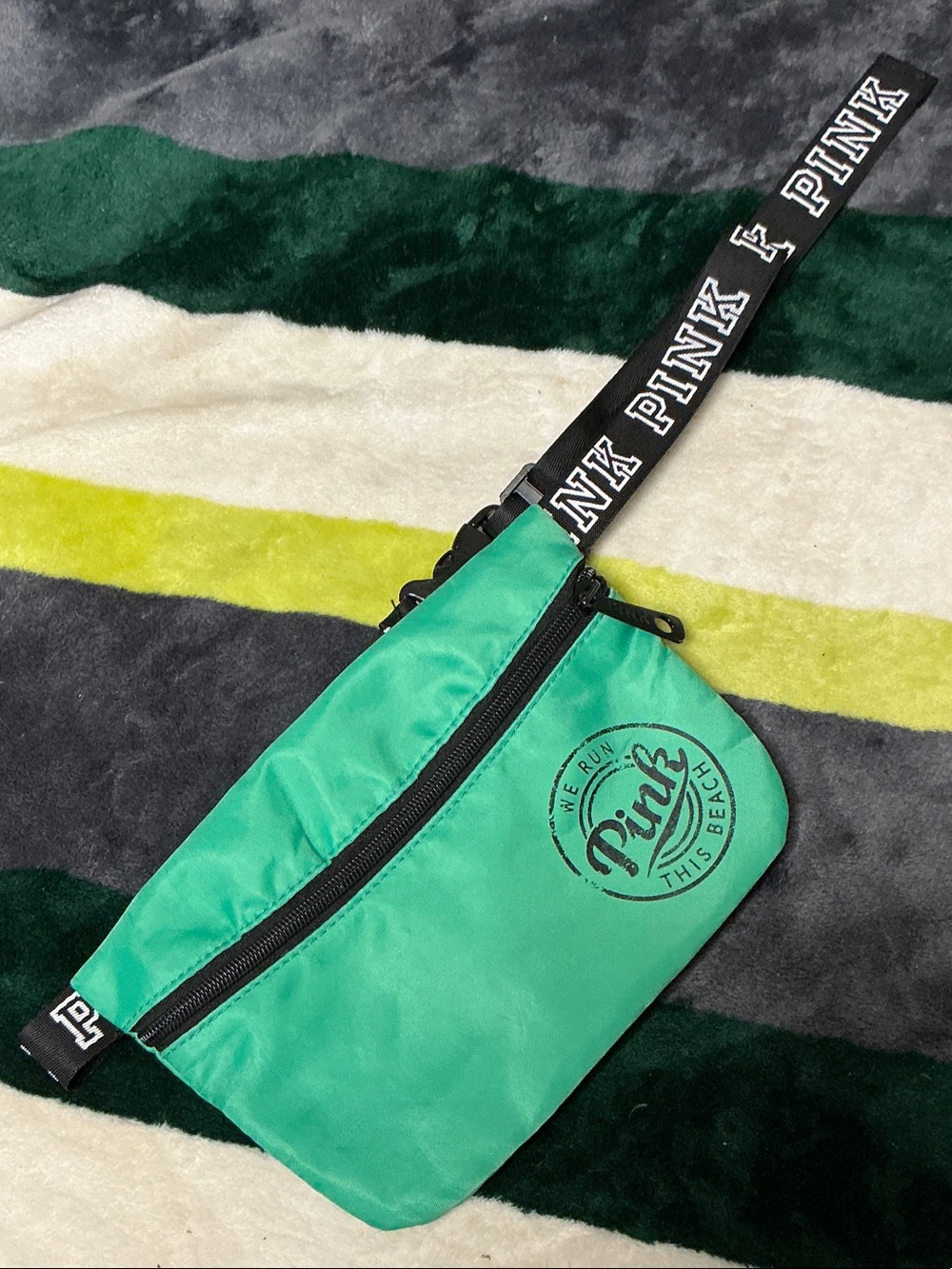 PINK Victoria's Secret Bright Green Logo Belt Bag with Black Branded Strap